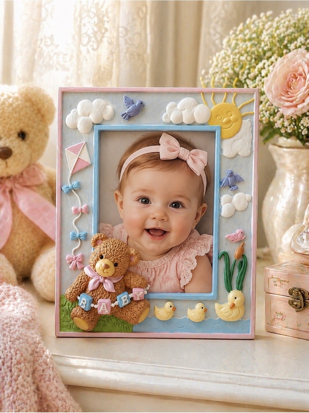ROMAN Lullaby Baby Picture Frame 3D Teddy Bear Nursery Decor Vintage Gift NIB